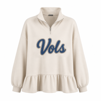Custom Glitter-Outlined Denim Applique Team Name Ruffle Hem Quarter Zip Sweatshirt-Game Day Style
