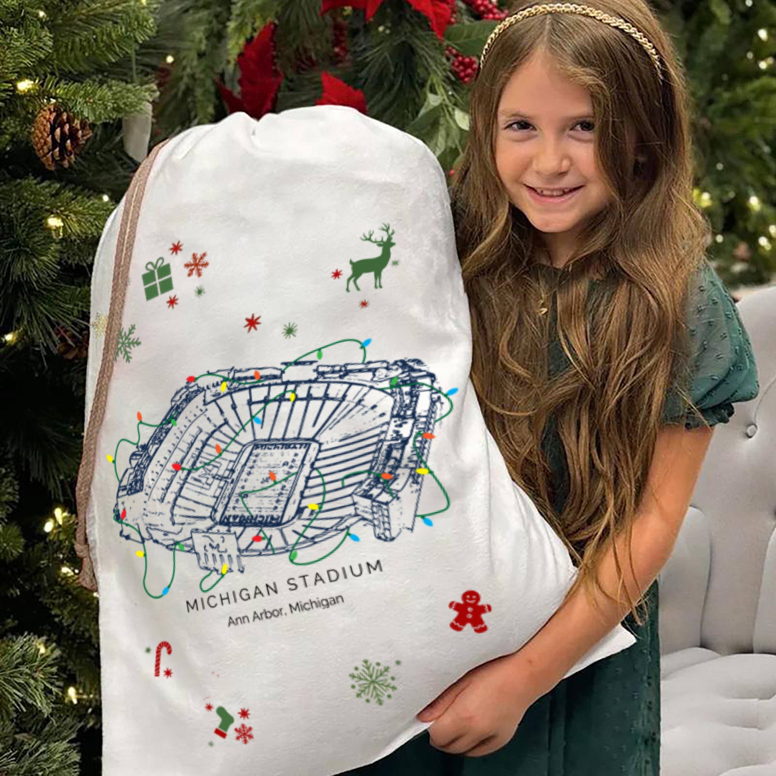 Personalized Michigan Stadium Drawstring Christmas Gift Bag, Christmas Present