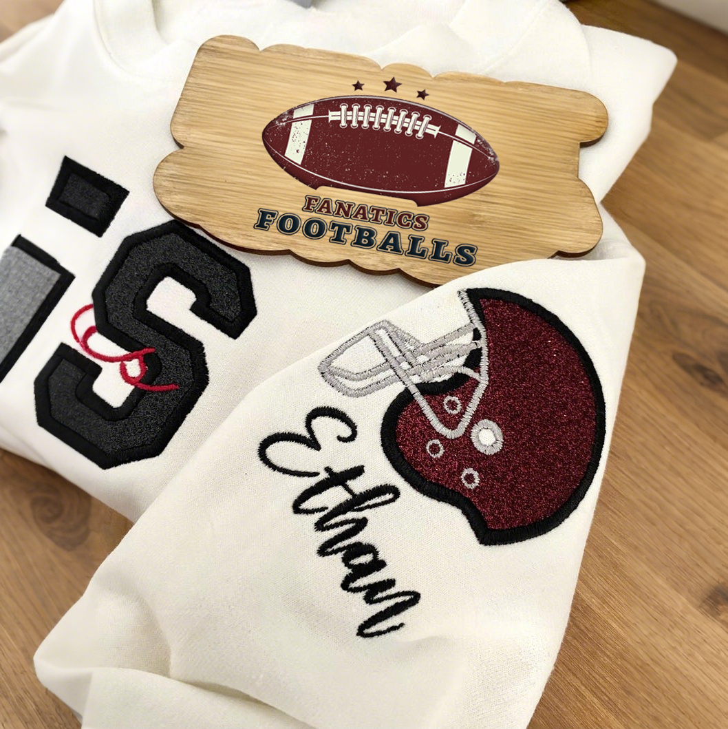 Custom Embroidered Football Sweatshirt With Child's Name And Helmet Printed On Sleeves