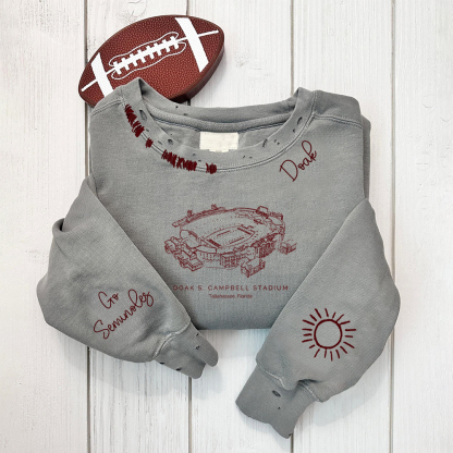 Doak S. Campbell Stadium - Florida State Seminoles Distressed Monogram Chain Stitch Sweatshirt - Vintage Fan Hoodie