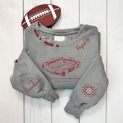 Donald W. Reynolds Razorback Stadium - Arkansas Razorbacks Distressed Monogram Chain Stitch Sweatshirt - Vintage Fan Hoodie