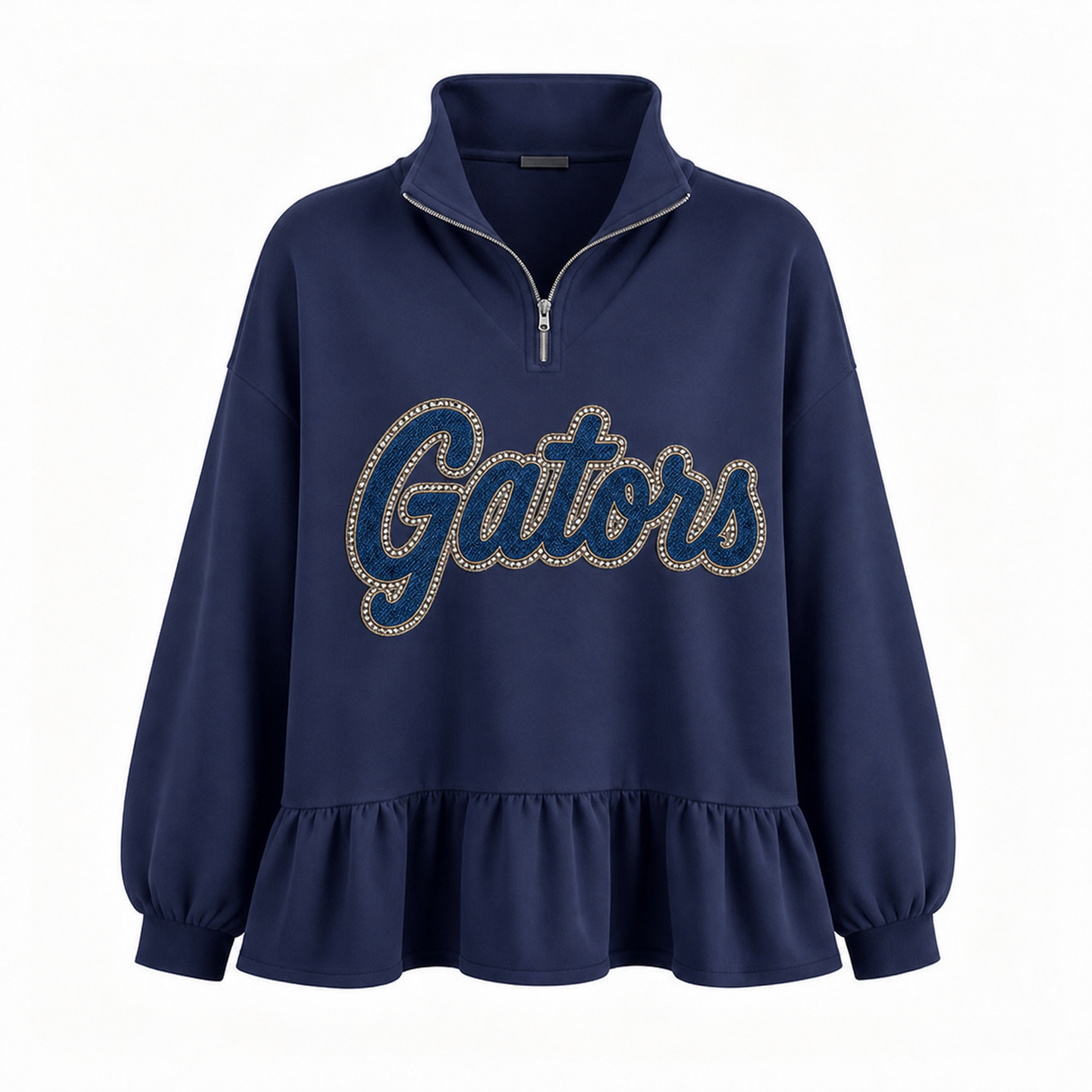 Custom Glitter-Outlined Denim Applique Team Name Ruffle Hem Quarter Zip Sweatshirt-Game Day Style