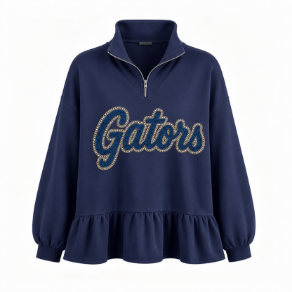 Custom Glitter-Outlined Denim Applique Team Name Ruffle Hem Quarter Zip Sweatshirt-Game Day Style