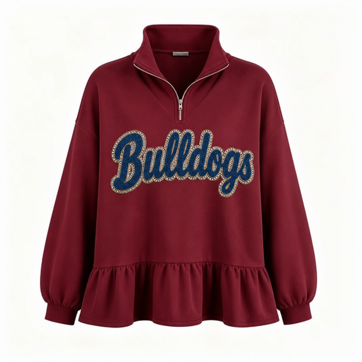 Custom Glitter-Outlined Denim Applique Team Name Ruffle Hem Quarter Zip Sweatshirt-Game Day Style