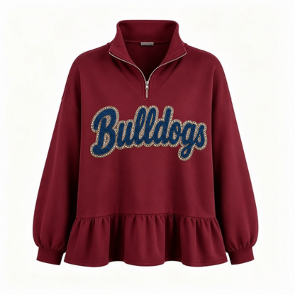 Custom Glitter-Outlined Denim Applique Team Name Ruffle Hem Quarter Zip Sweatshirt-Game Day Style
