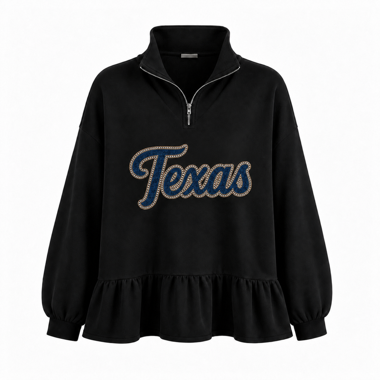 Custom Glitter-Outlined Denim Applique Team Name Ruffle Hem Quarter Zip Sweatshirt-Game Day Style