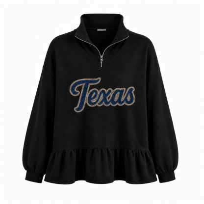 Custom Glitter-Outlined Denim Applique Team Name Ruffle Hem Quarter Zip Sweatshirt-Game Day Style