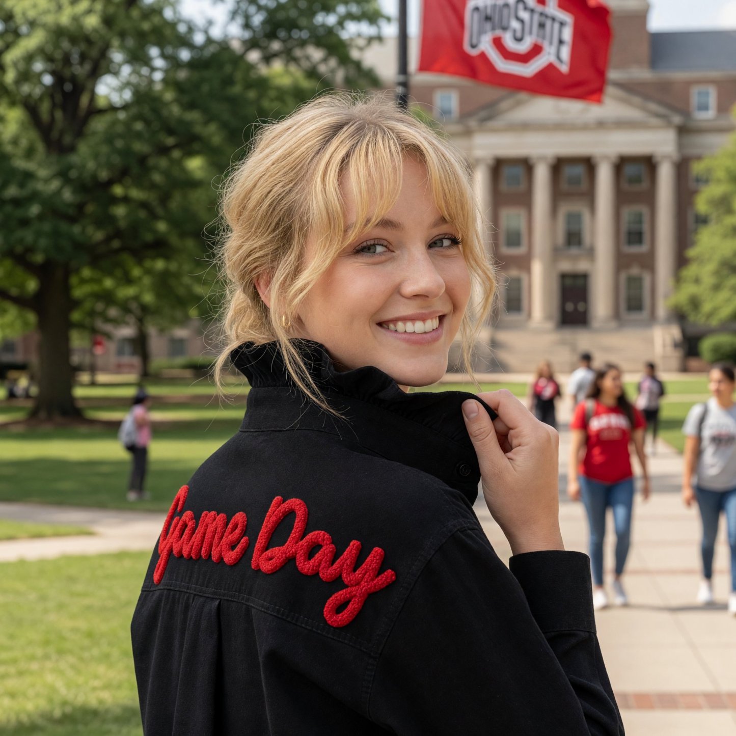 Custom Chenille Embroidered Ruffle Collar Team Top-Game Day Spirit shirt for Football Fans