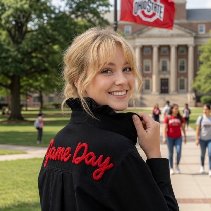 Custom Chenille Embroidered Ruffle Collar Team Top-Game Day Spirit shirt for Football Fans