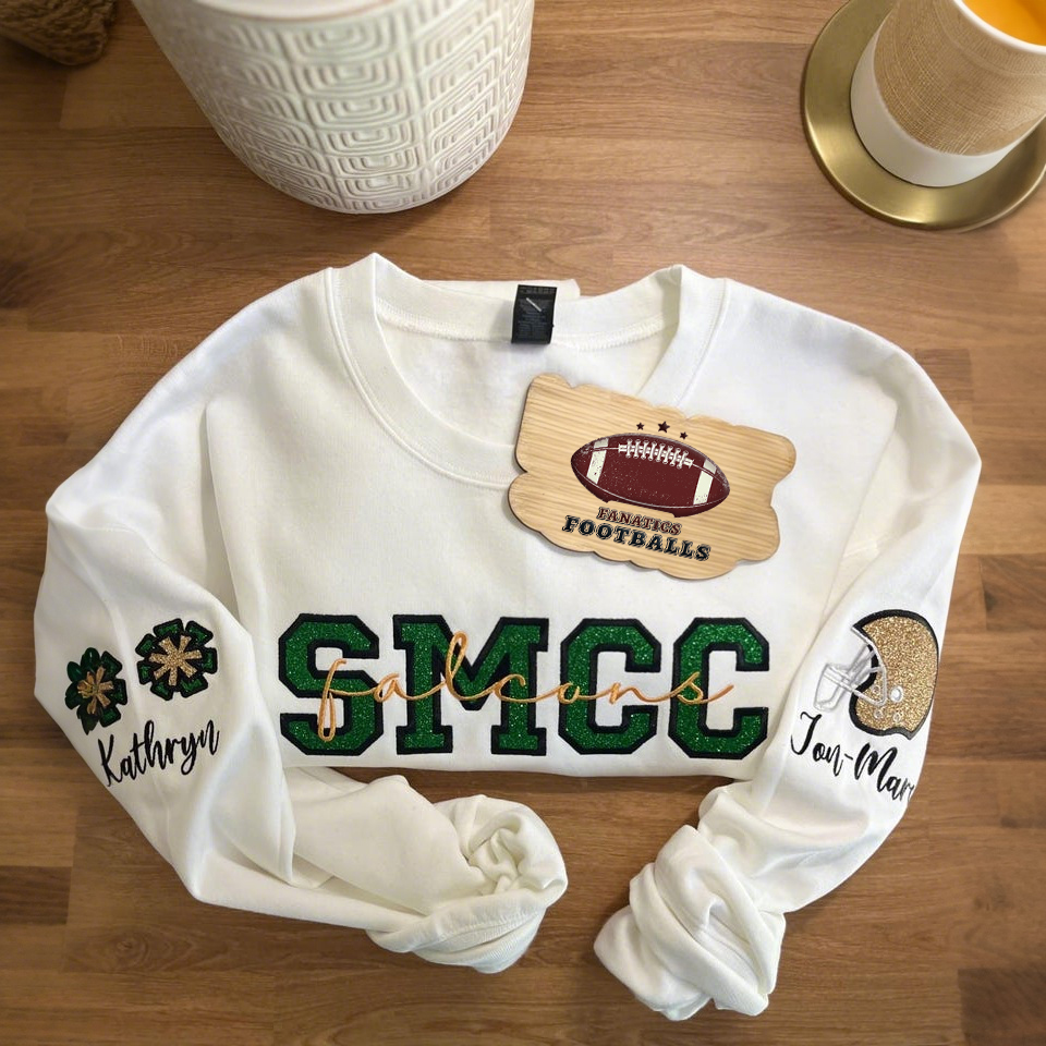 Custom Embroidered Cheerleading Helmet Football Mom Sweatshirt With Child's Name On Sleeve