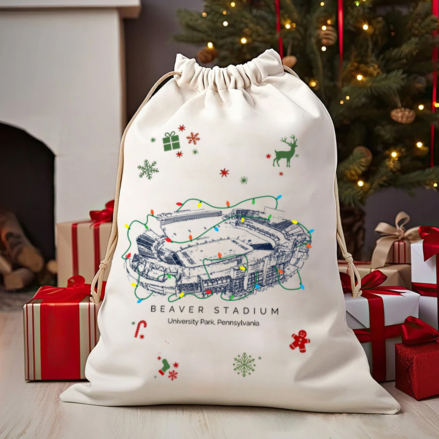 Personalized Beaver Stadium Drawstring Christmas Gift Bag, Christmas Present