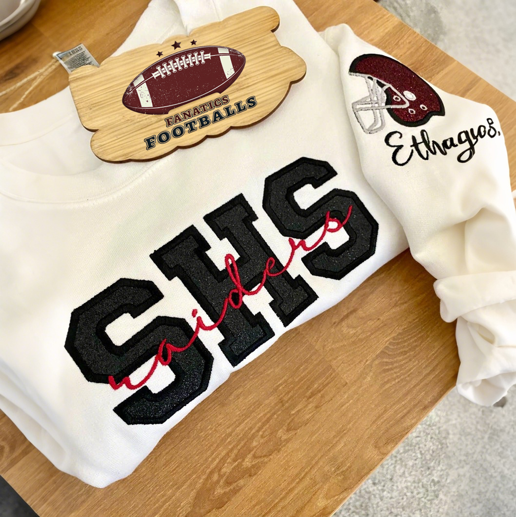 Custom Embroidered Football Sweatshirt With Child's Name And Helmet Printed On Sleeves
