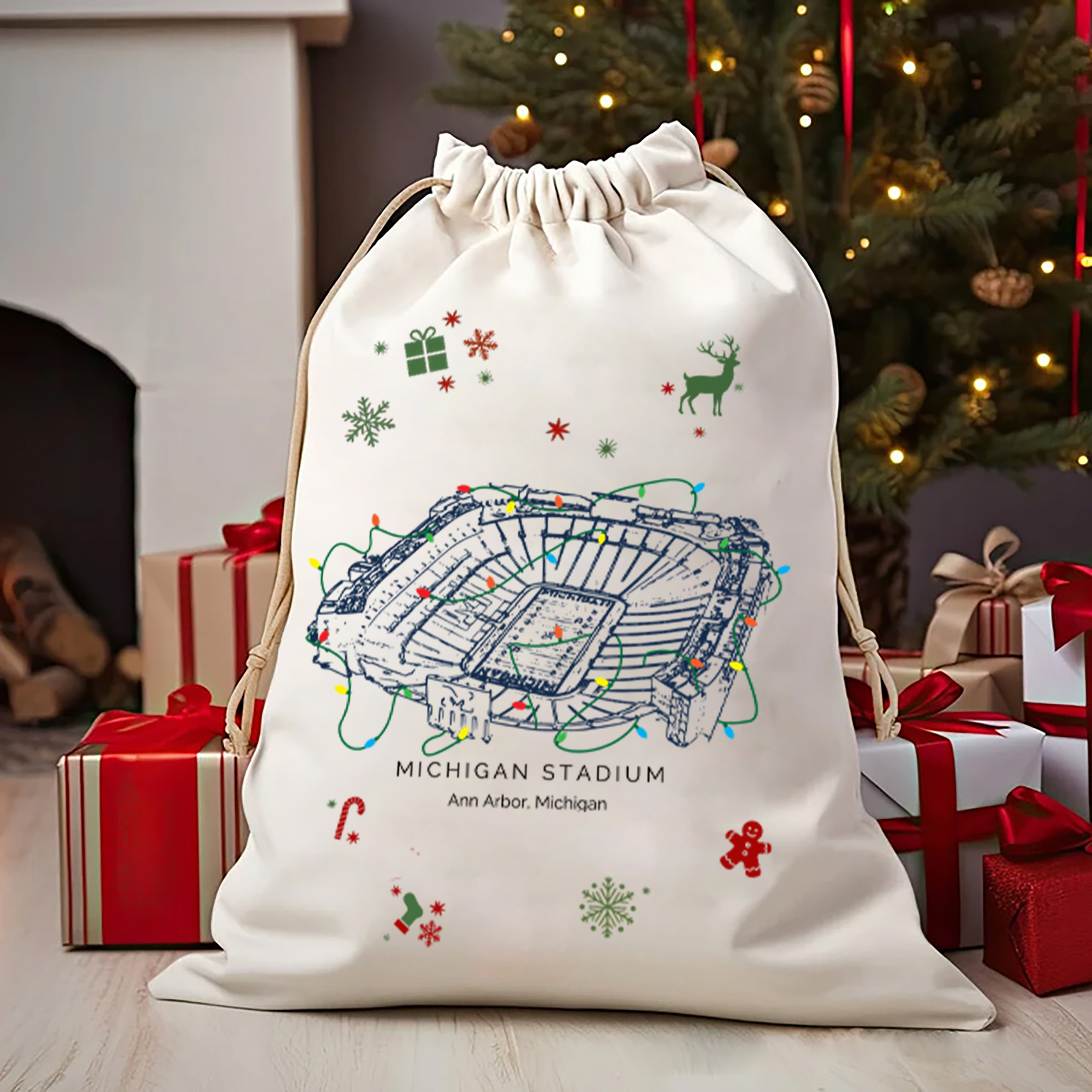 Personalized Michigan Stadium Drawstring Christmas Gift Bag, Christmas Present