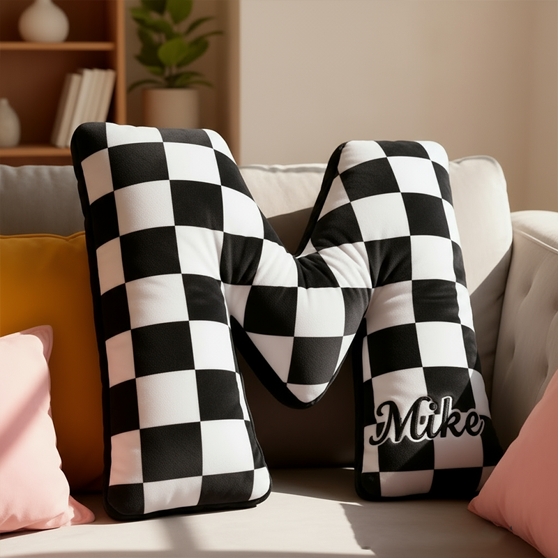 Personalized 3d Printed Racing Car Letter Checkered Flag Pattern Pillow, A Christmas Gift For Racing Enthusiasts.