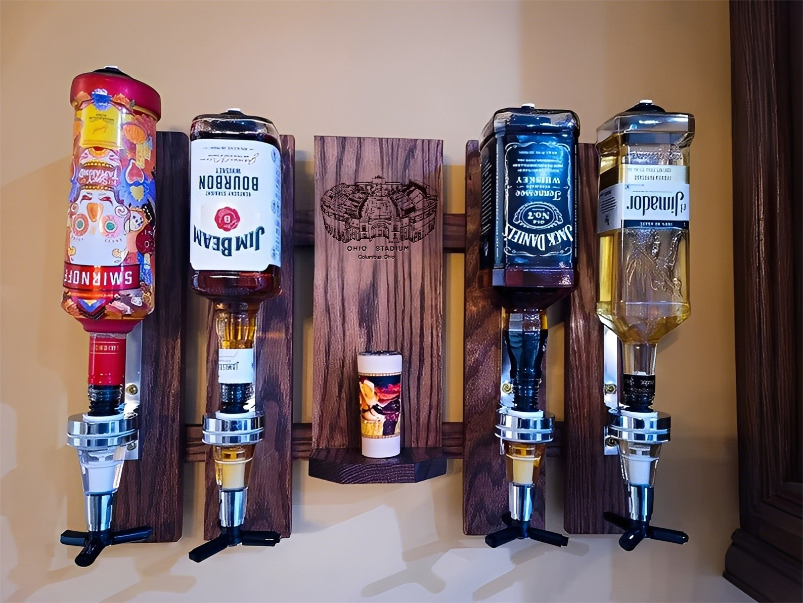 Wall Mounted Liquor Dispenser - Personalized Ohio Stadium Whiskey, Tequila And Bourbon Dispenser For Bar Decor