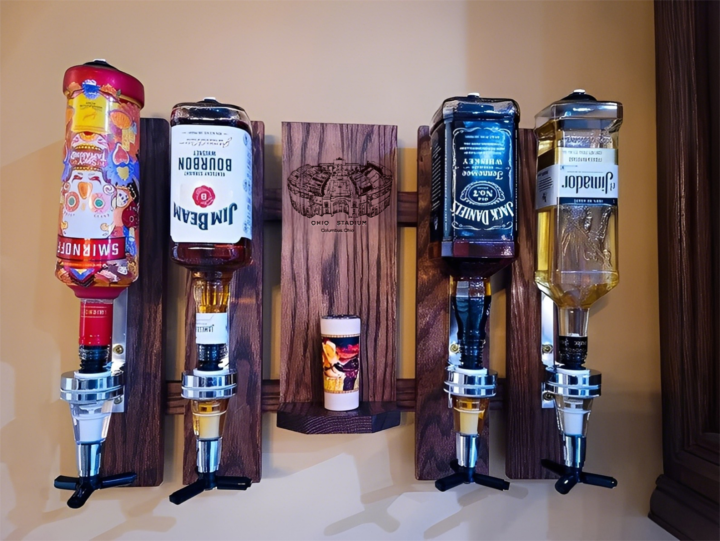 Wall Mounted Liquor Dispenser - Personalized Ohio Stadium Whiskey, Tequila And Bourbon Dispenser For Bar Decor