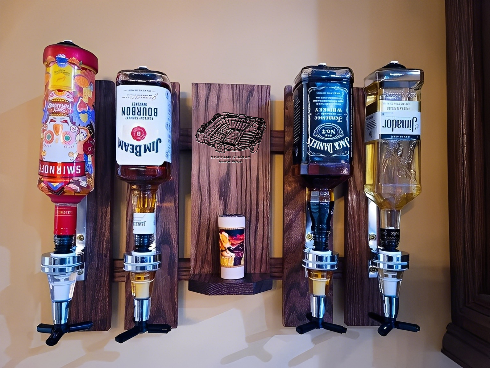 Wall Mounted Liquor Dispenser - Personalized Michigan Stadium Whiskey, Tequila And Bourbon Dispenser For Bar Decor