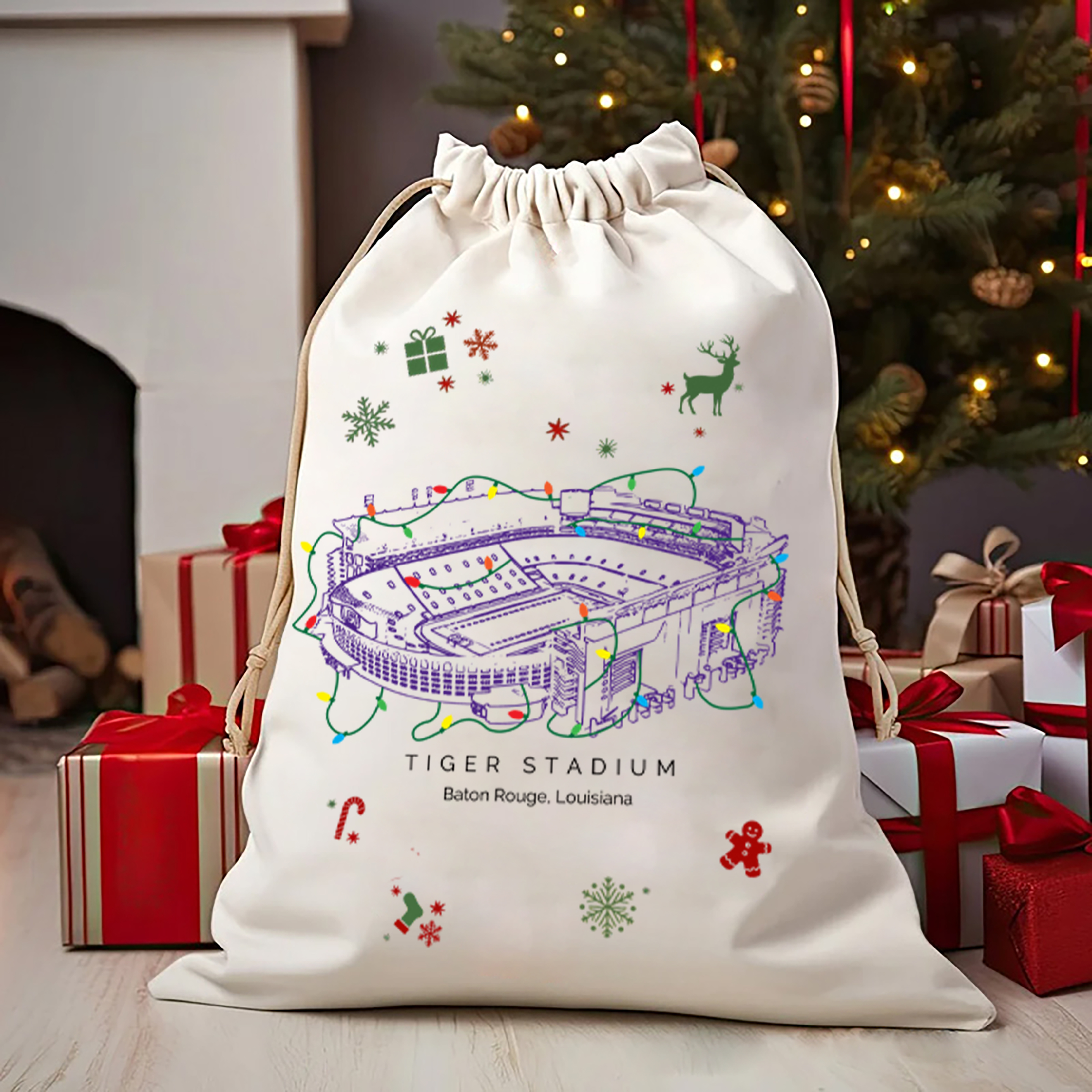 Personalized Tiger Stadium Drawstring Christmas Gift Bag, Christmas Present