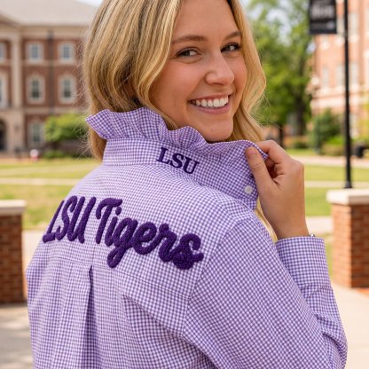 Custom Chenille Embroidered Ruffle Collar Team Top-Game Day Spirit shirt for Football Fans