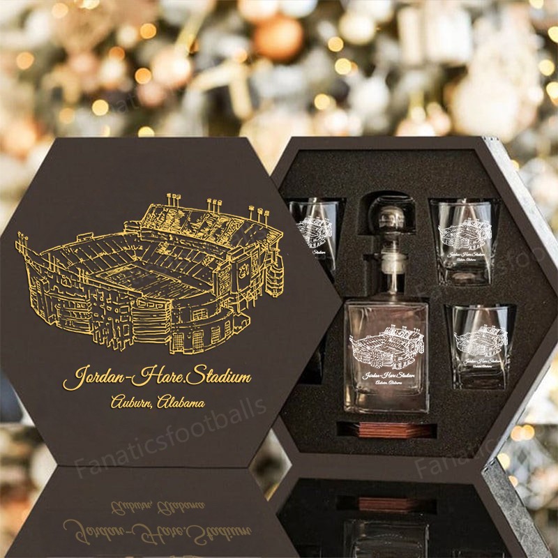 Custom Stadium Whiskey Set (Wooden Box + Decanter + 4 Glasses + 4 Coasters), Bourbon Whiskey, Christmas Gift