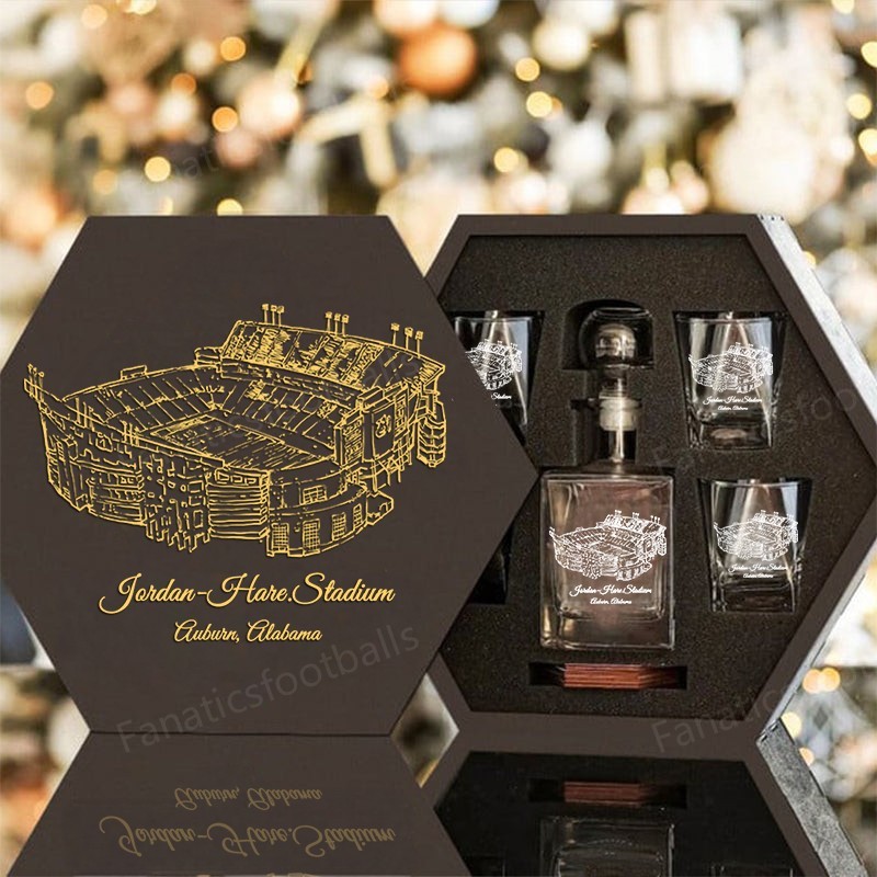 Custom Stadium Whiskey Set (Wooden Box + Decanter + 4 Glasses + 4 Coasters), Bourbon Whiskey, Christmas Gift