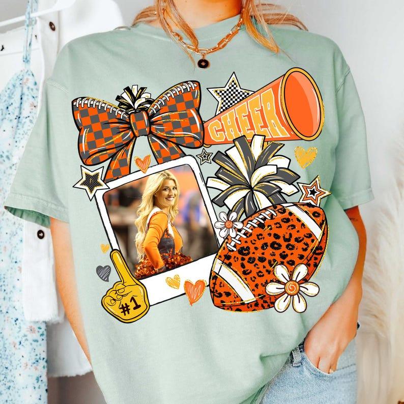 Customize The Vibrant Orange Campus Cheerleading Football Photo Sweatshirt To Capture Your Most Unforgettable Moments.