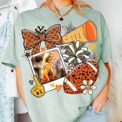 Customize The Vibrant Orange Campus Cheerleading Football Photo Sweatshirt To Capture Your Most Unforgettable Moments.