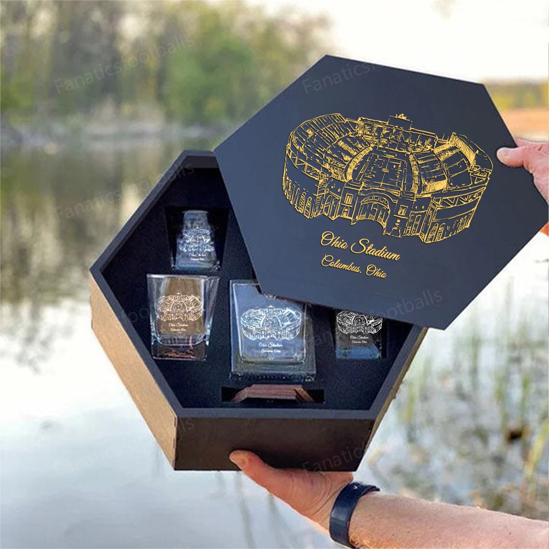 Custom Stadium Whiskey Set (Wooden Box + Decanter + 4 Glasses + 4 Coasters), Bourbon Whiskey, Christmas Gift