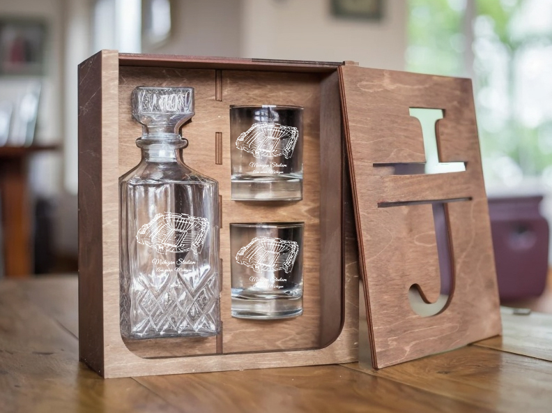 Personalized Football Stadium Whiskey Glass Bottle Set