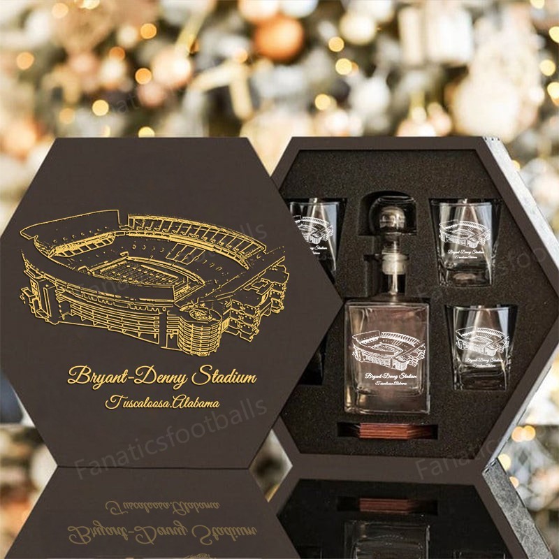 Custom Stadium Whiskey Set (Wooden Box + Decanter + 4 Glasses + 4 Coasters), Bourbon Whiskey, Christmas Gift
