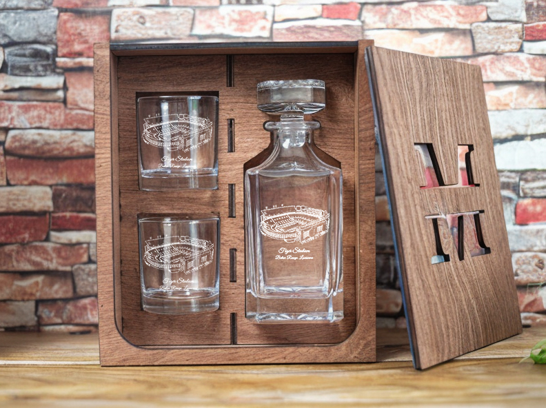 Personalized Football Stadium Whiskey Glass Bottle Set