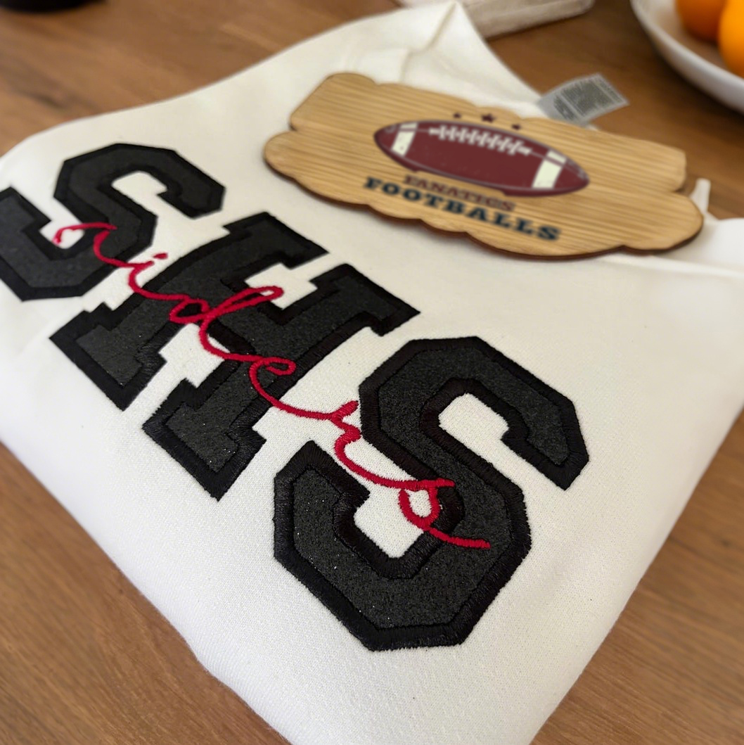 Custom Embroidered Football Sweatshirt With Child's Name And Helmet Printed On Sleeves