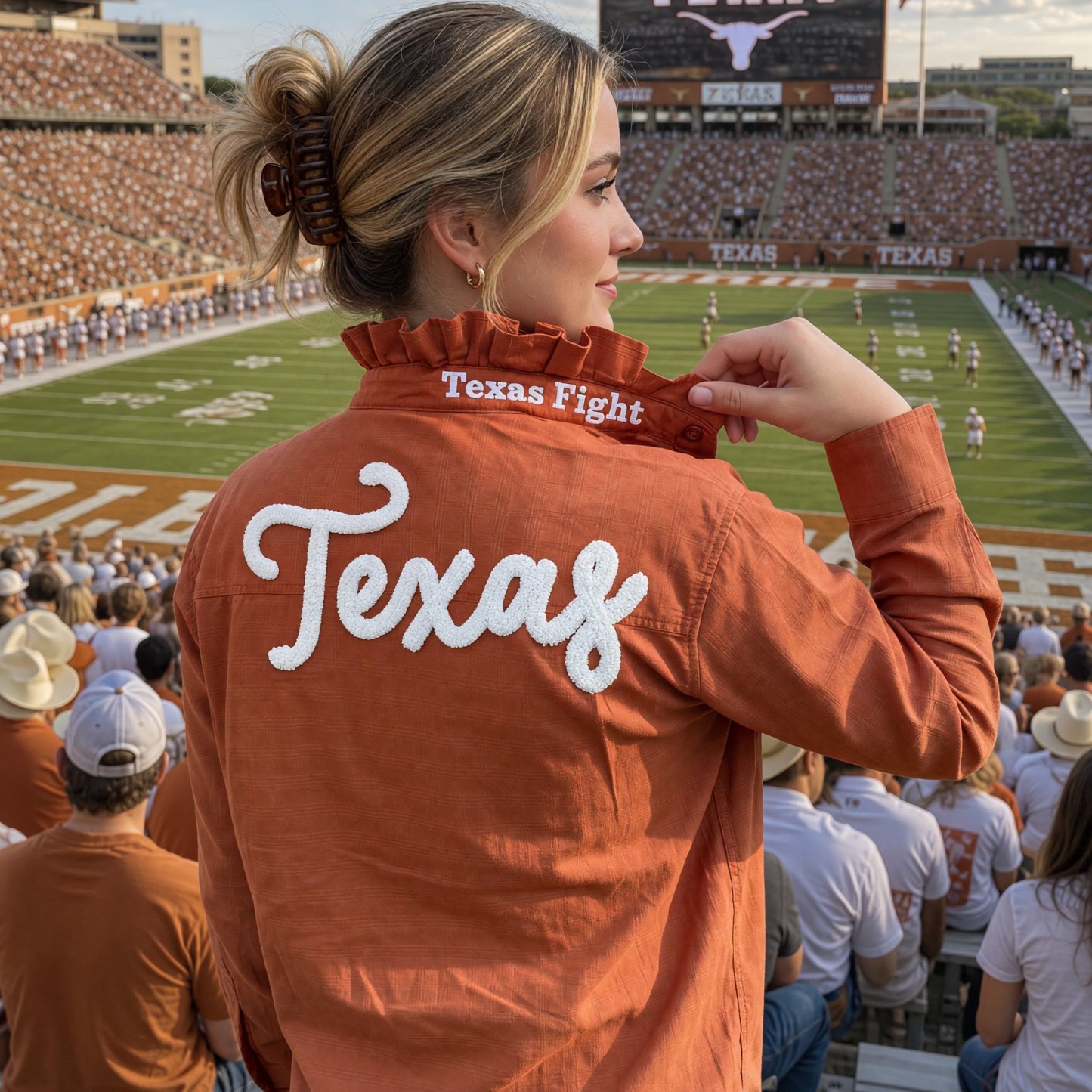 Custom Chenille Embroidered Ruffle Collar Team Top-Game Day Spirit shirt for Football Fans