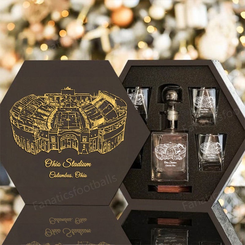 Custom Stadium Whiskey Set (Wooden Box + Decanter + 4 Glasses + 4 Coasters), Bourbon Whiskey, Christmas Gift