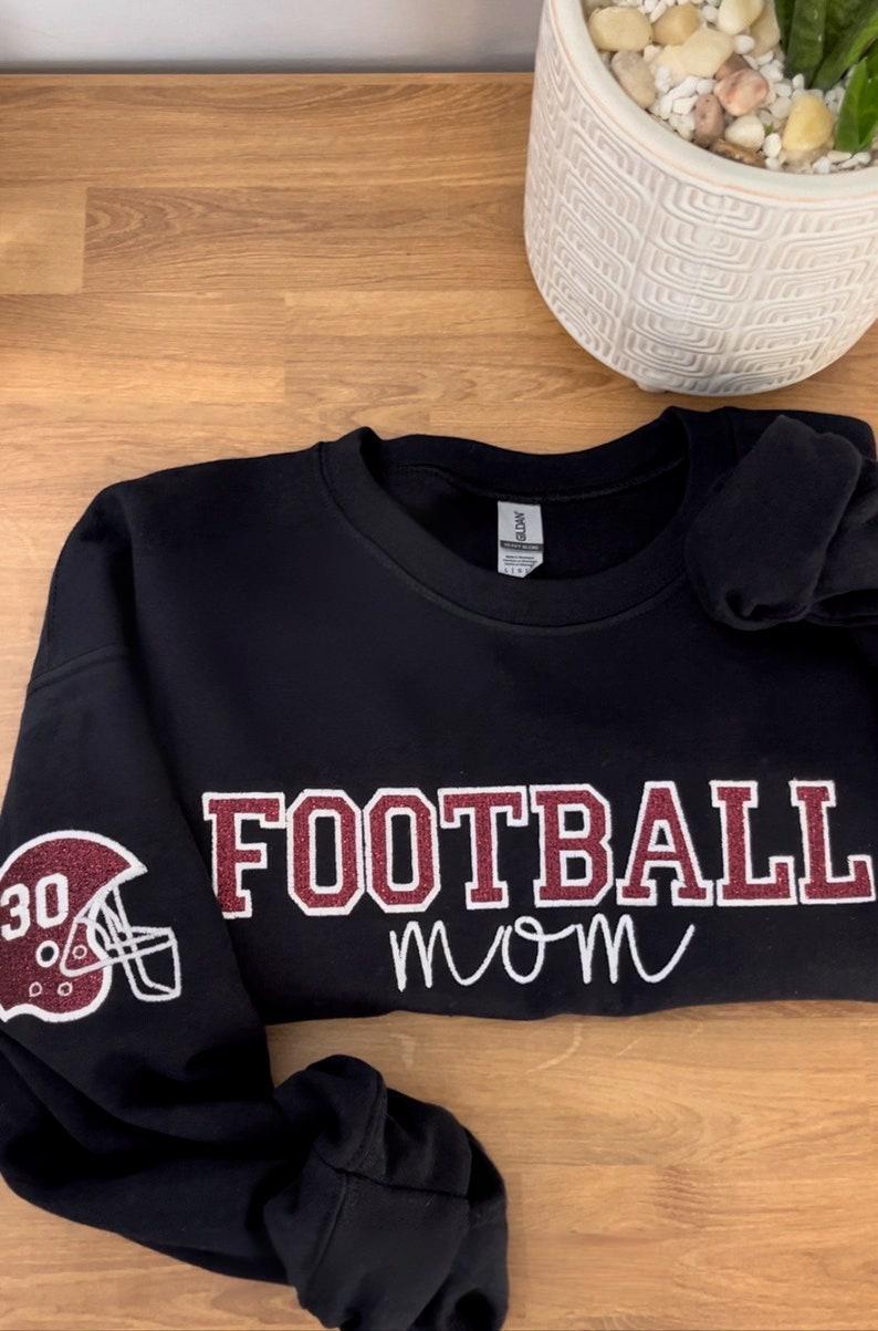 Custom Embroidered Football Mom Helmet Sweatshirt With Embroidery On Sleeves