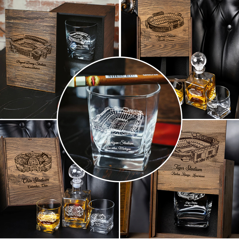 Custom Football Stadium Whiskey Bottle & Glass Box Set
