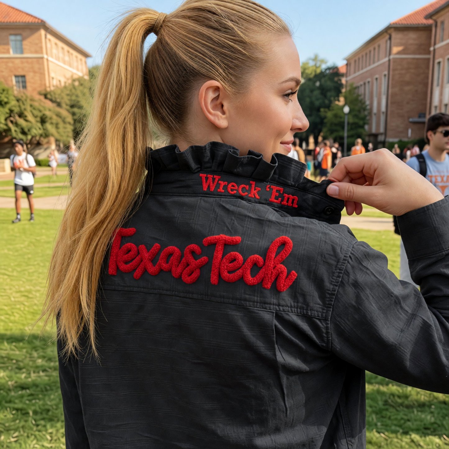 Custom Chenille Embroidered Ruffle Collar Team Top-Game Day Spirit shirt for Football Fans