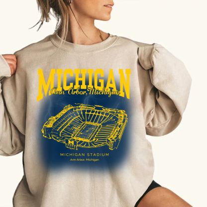 Retro University Of Michigan Stadium Printing Unisex Crewneck Hoodie