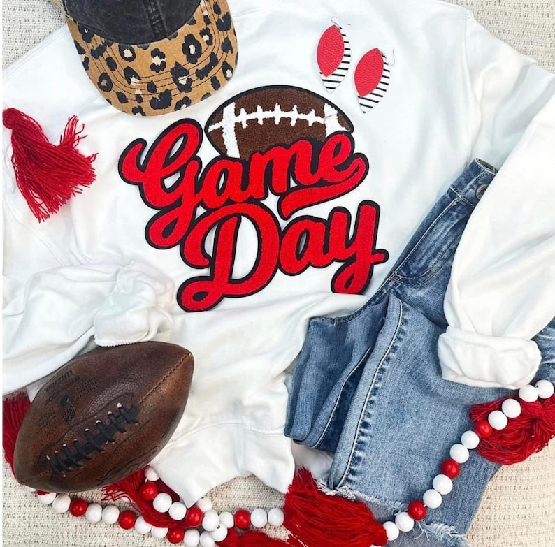 Football Game Day Chenille Patch Crewneck Sweatshirt