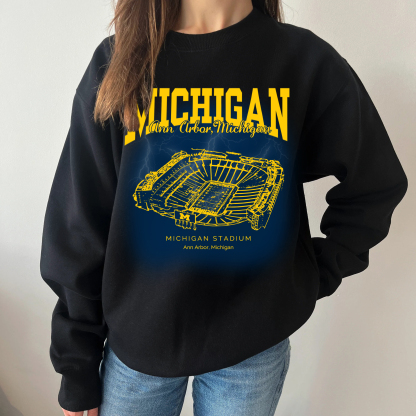 Retro University Of Michigan Stadium Printing Unisex Crewneck Hoodie
