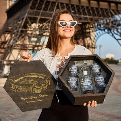 Custom Stadium Whiskey Set (Wooden Box + Decanter + 4 Glasses + 4 Coasters), Bourbon Whiskey, Christmas Gift