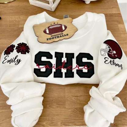 Custom Embroidered Cheerleading Helmet Football Mom Sweatshirt With Child's Name On Sleeve
