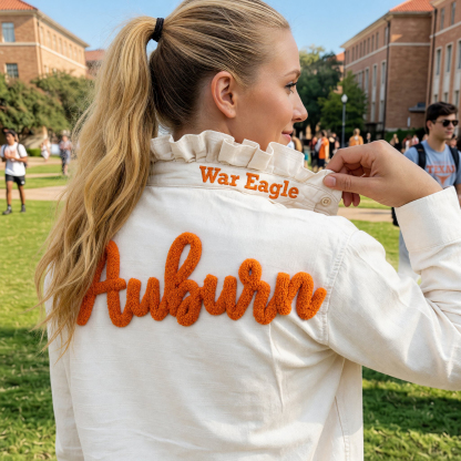Custom Chenille Embroidered Ruffle Collar Team Top-Game Day Spirit shirt for Football Fans