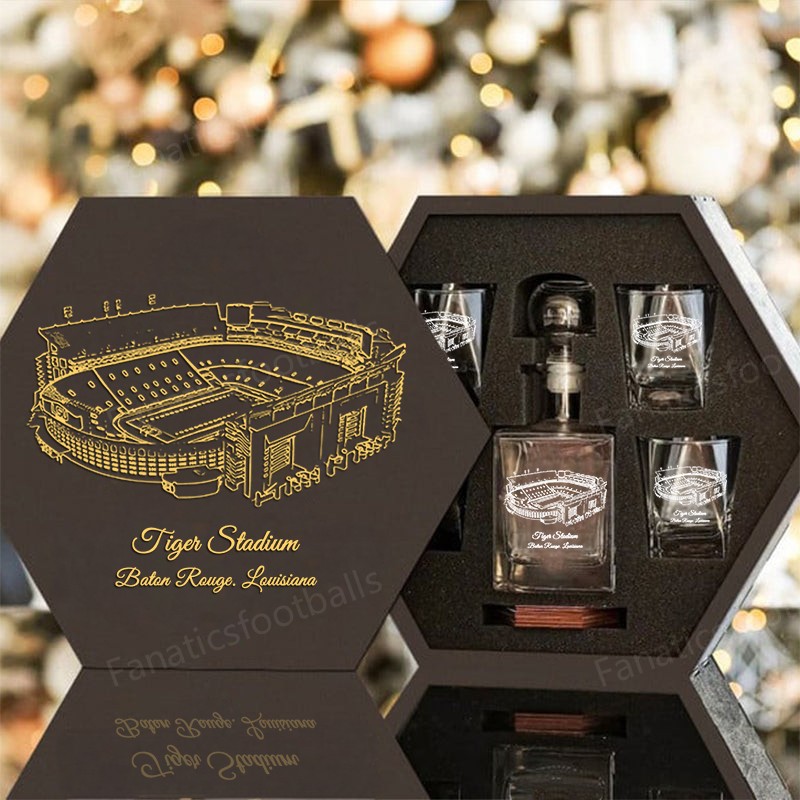 Custom Stadium Whiskey Set (Wooden Box + Decanter + 4 Glasses + 4 Coasters), Bourbon Whiskey, Christmas Gift