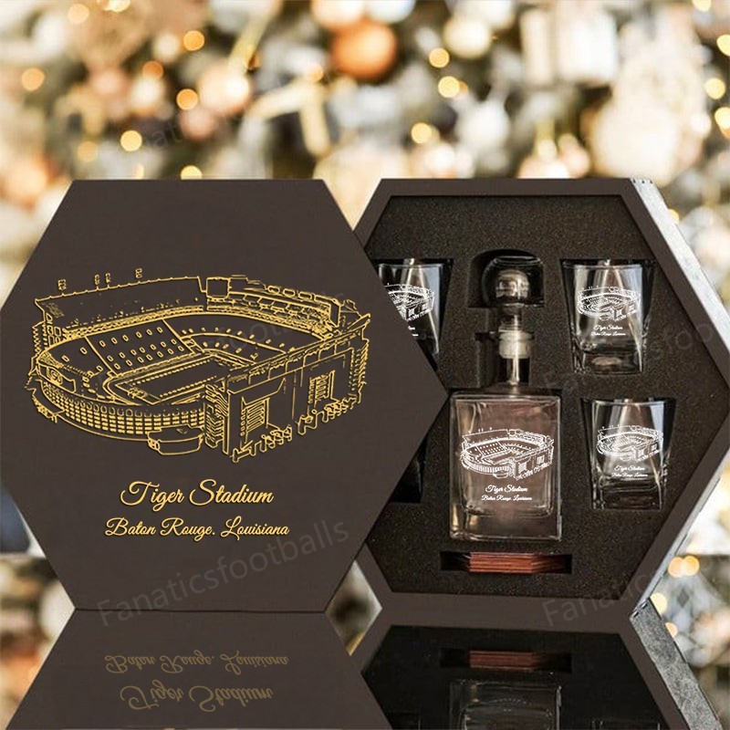 Custom Stadium Whiskey Set (Wooden Box + Decanter + 4 Glasses + 4 Coasters), Bourbon Whiskey, Christmas Gift