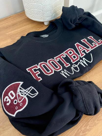 Custom Embroidered Football Mom Helmet Sweatshirt With Embroidery On Sleeves