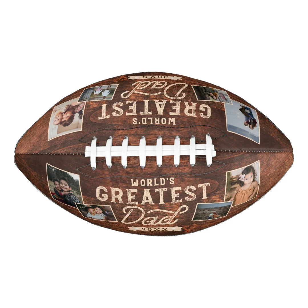 🔥Hot Sale🔥World's Greatest Dad Woodgrain Eight Photo Collage Football