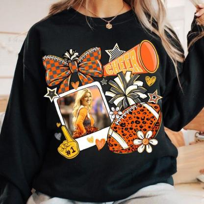 Customize The Vibrant Orange Campus Cheerleading Football Photo Sweatshirt To Capture Your Most Unforgettable Moments.