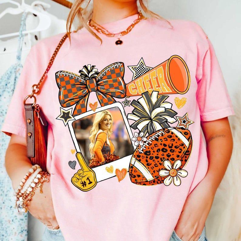 Customize The Vibrant Orange Campus Cheerleading Football Photo Sweatshirt To Capture Your Most Unforgettable Moments.