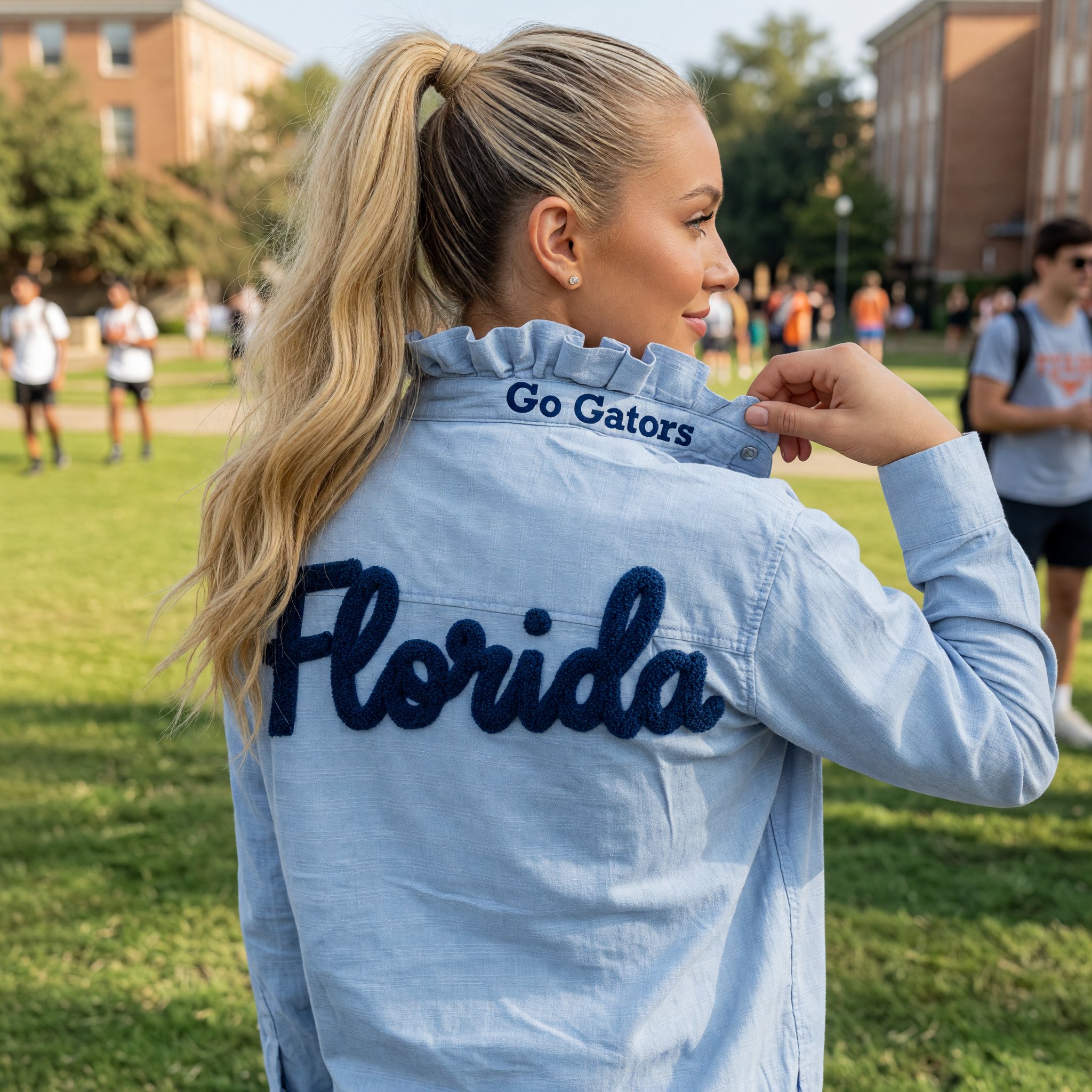 Custom Chenille Embroidered Ruffle Collar Team Top-Game Day Spirit shirt for Football Fans
